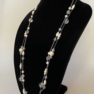 Necklace Two Strands Satellites Faux Acrylic Pearls & Beads Silver Tone 38”